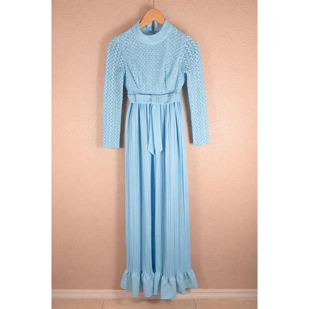 TRUE Vintage 1960s Handmade Blue Lace Prairie Maxi Dress Mock Neck Pleated XS